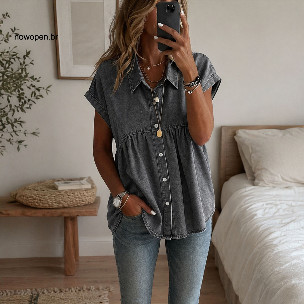 Loose Fit Women Tops Denim Shirt Women’s Short Sleeve Lapel Blouse Pure Color Ruffle Splicing Top for Work Parties Vac