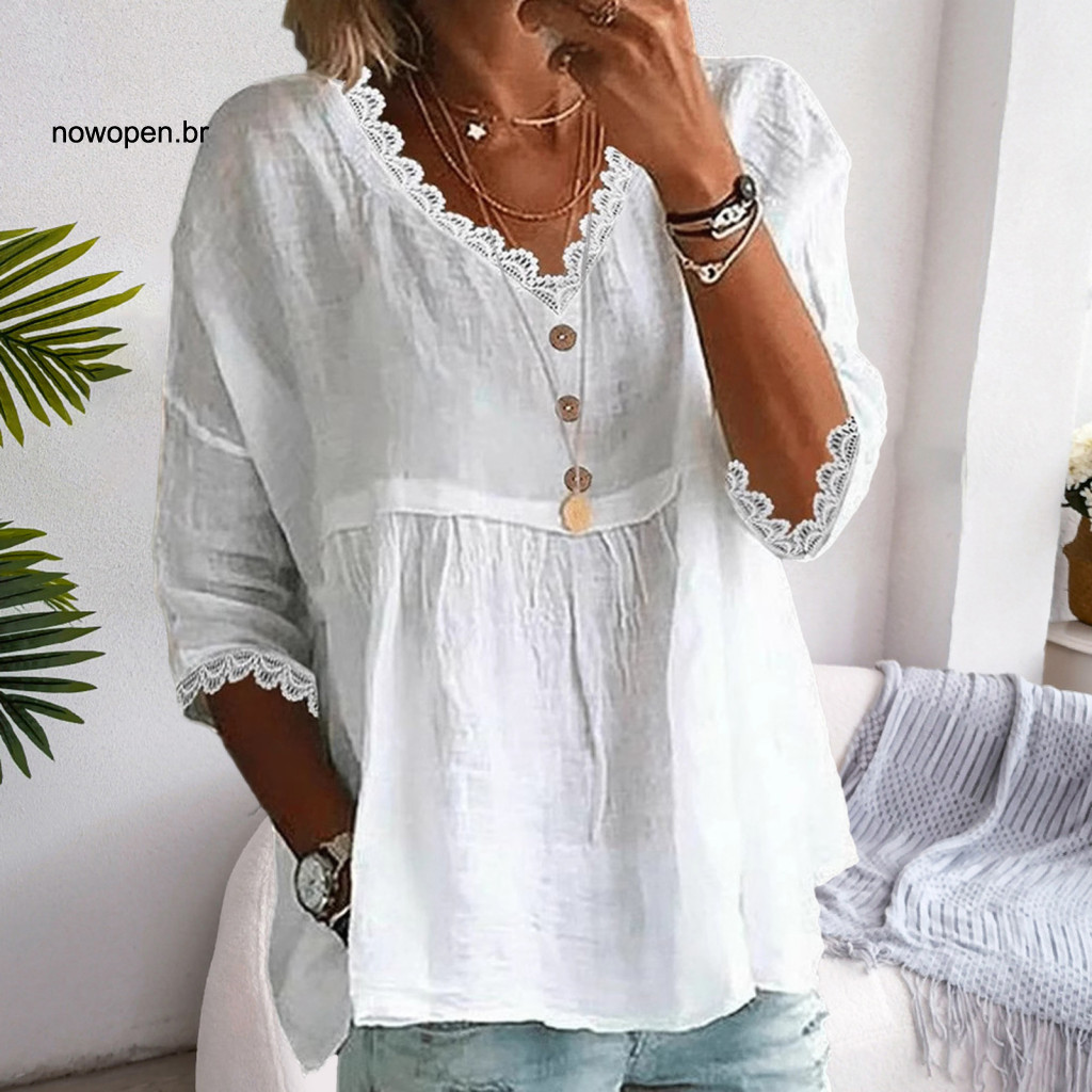 Women Loose Fit Shirt Lace Detail Top Women’s V-neck 3/4 Sleeve Splicing – Breathable Solid Color Comfortable and St