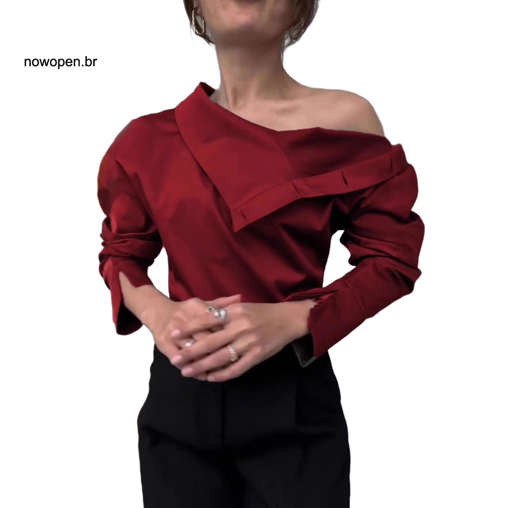 Turtleneck Top Women Loose Fit Shirt Women’s Off-shoulder Long Sleeve Blouse Button Splicing Design Solid Color Stylis