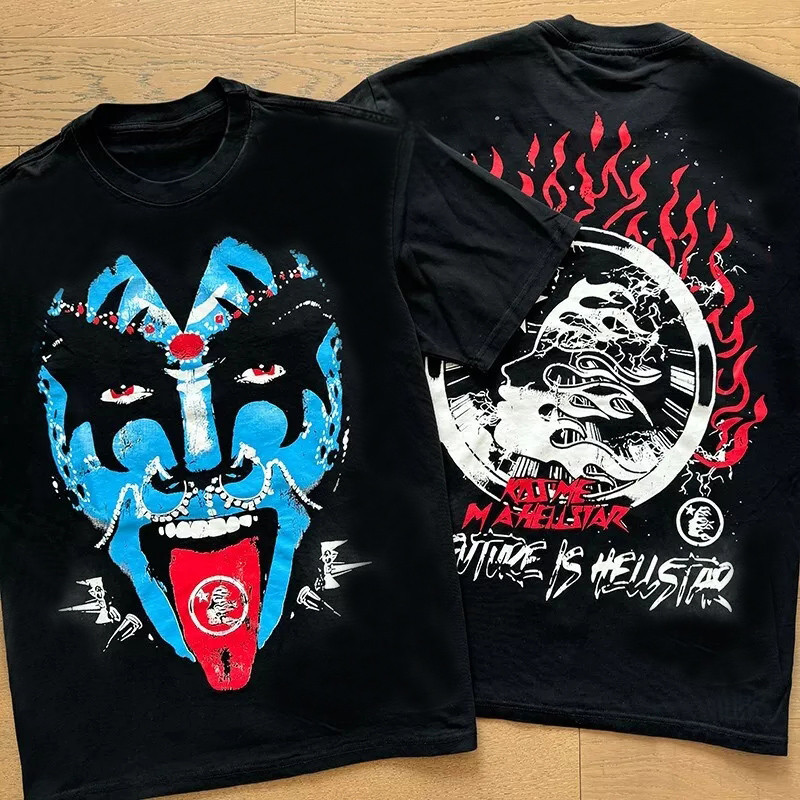 [Camiseta Premium em Algodão Puro]GXG High Street Hellstar  Vintage Print Hip Hop Casual Manga Curta Gola Redonda Casal