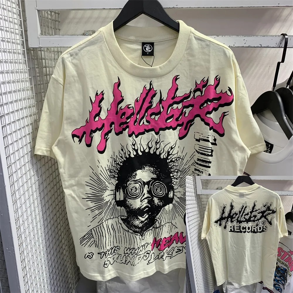 2025 High Street Hellstar New Vintage Print Hip Hop Casual Camiseta Manga Curta Gola Redonda Casal