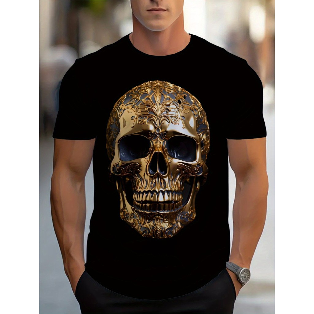 Camiseta Masculina Skull Graphic Street Style Golden Print Breathable Confortável Estilosa Moderna Casual