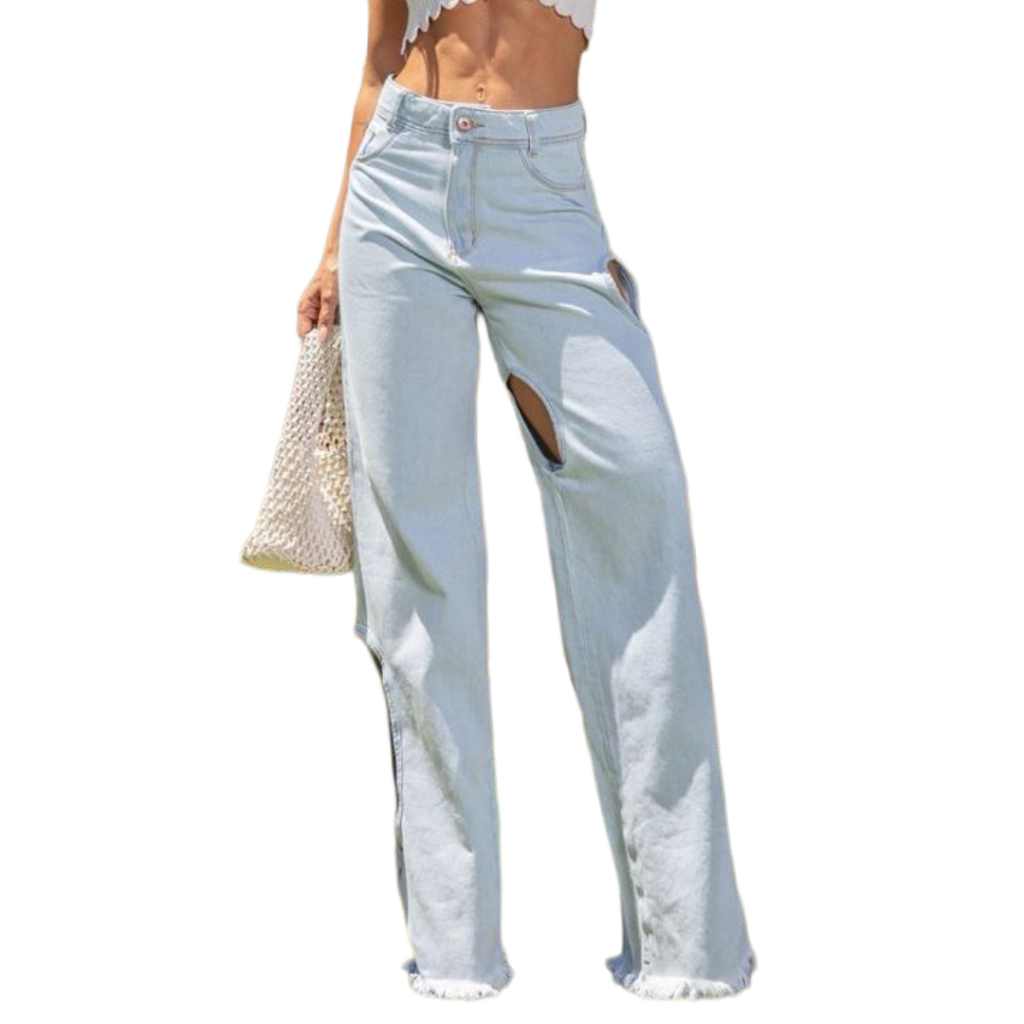 Calça Jeans Feminina Rasgo na Coxa Modelo Casual Estiloso Look Urbano Moderno Trend Street Casual Despojada2025