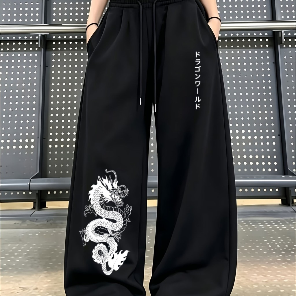 Calça Baggy Wide Leg Moletom Preta Dragão Chinês Letras Japonesas Street Trend Modelagem Larga Cintura Elástica Bolsos