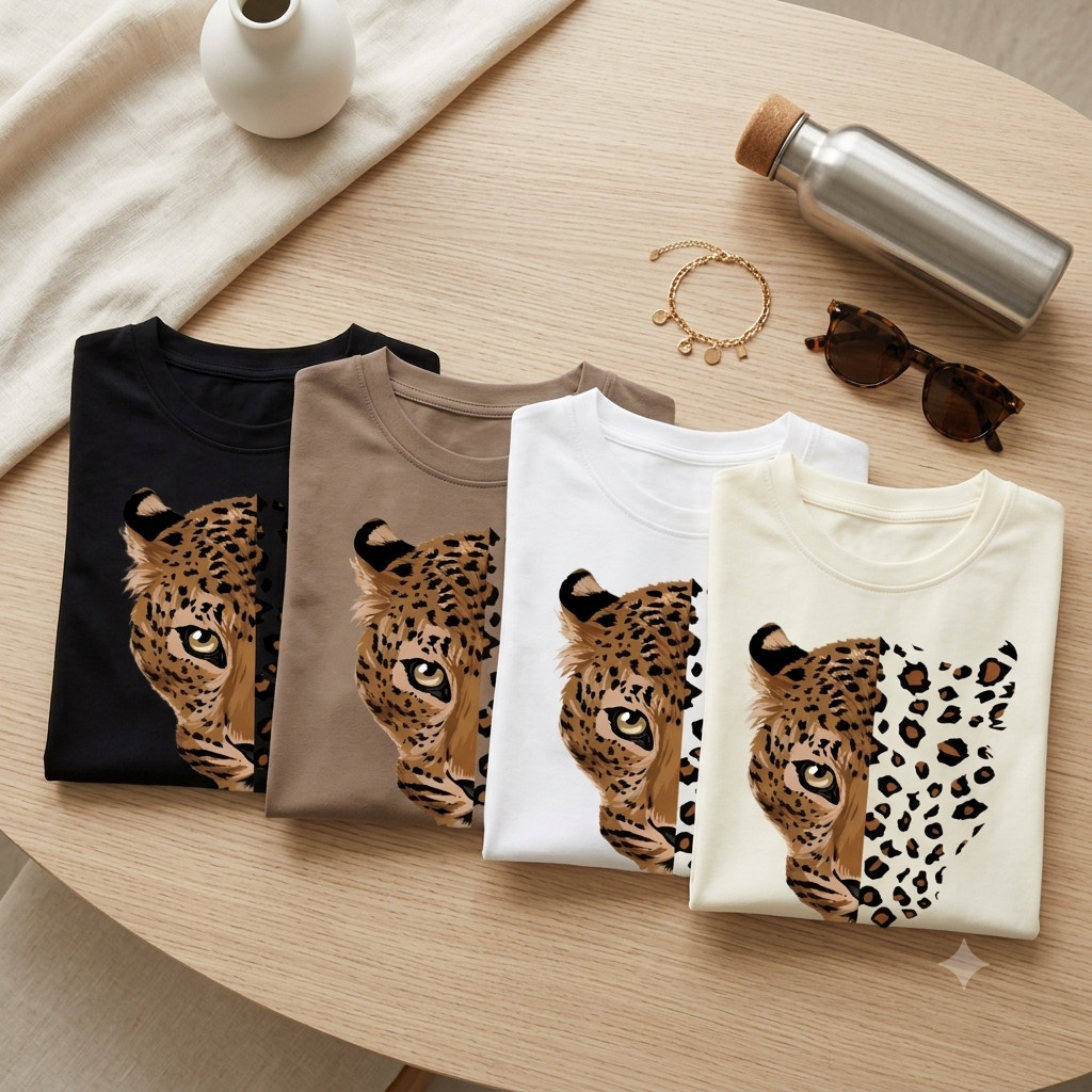 Camiseta Feminina Onça Estampa Animal Print Trend Y2K Básico Street Style Preta Bege Branco e Off White