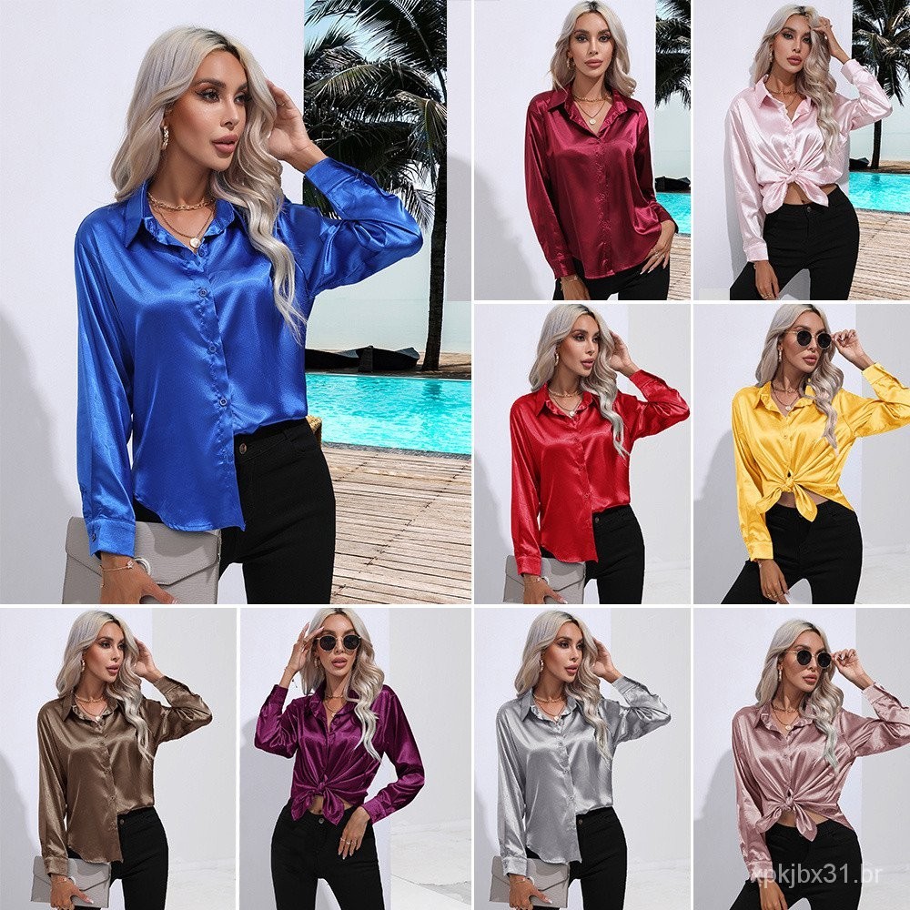 Trend Fashion Analog Satin analog Silk women's long sleeve shirt all match top women's summer new style