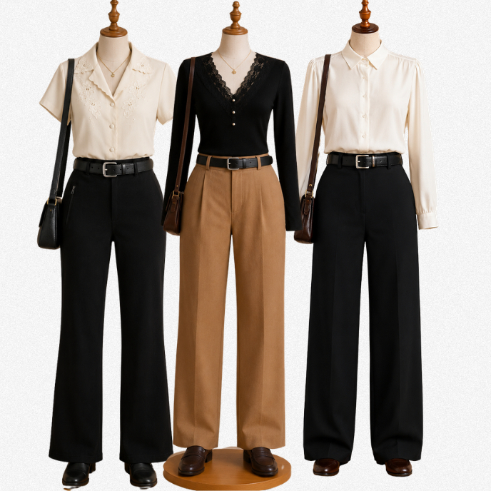 Kit Feminino Social Elegante 3 Peças | Blusas Clássicas + Calças Alfaiataria Wide Leg