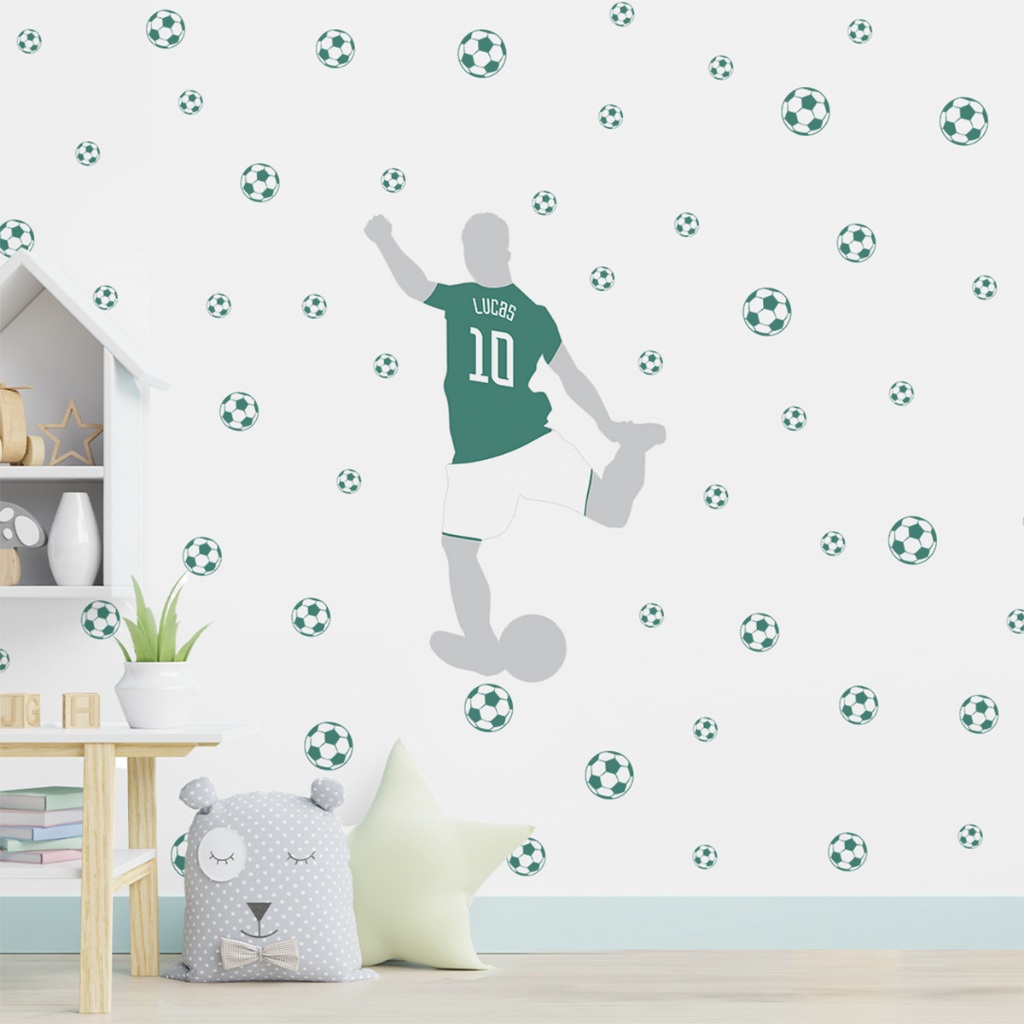 Adesivo de Parede Futebol com Nome Personalizado Jogador Camisa Times + 75 Bolas Decorativas