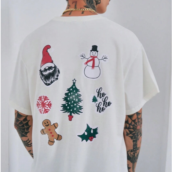 Camiseta manga Larga Casual Natal sticker Confort Masculino Algodão Branco Clima Natalino Tecido Confortavel Oversized