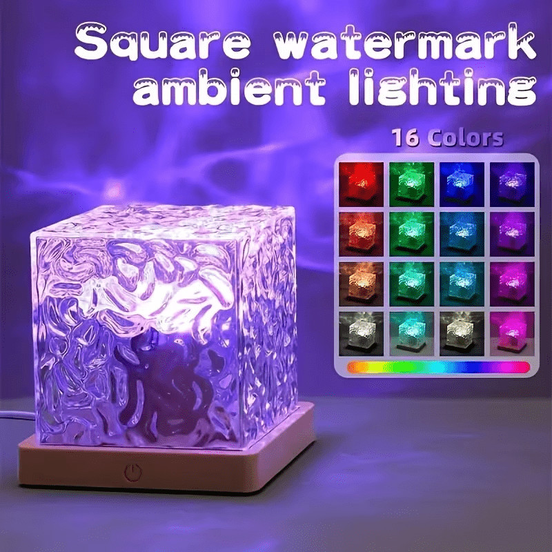 Projetor quadrado de ondulação de água de 16 cores LED Night Light-Touch Control, regulável, fonte de alimentação USB, l