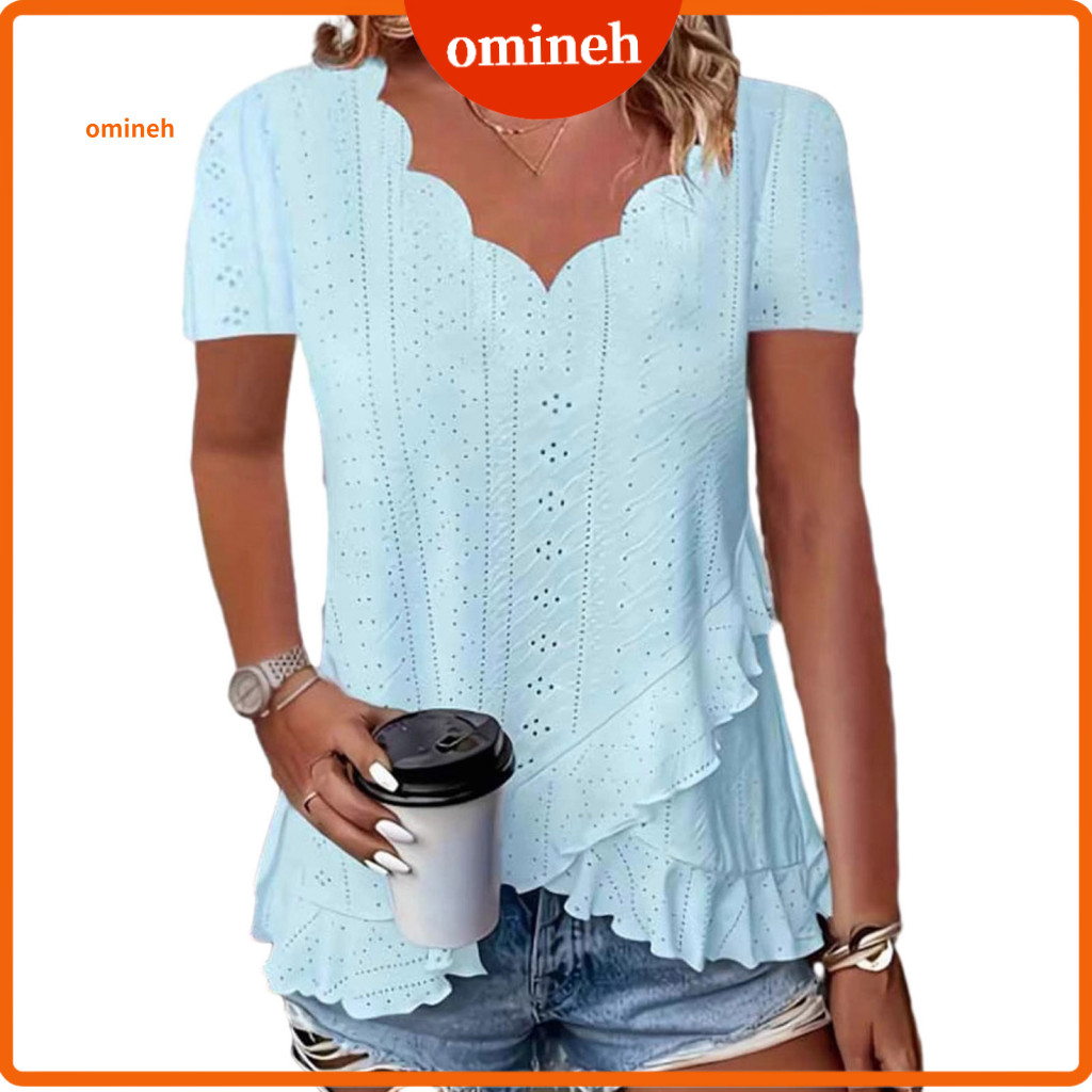 Office Blouse Women V-neck Tops Women’s Short Sleeve Jacquard Pullover Top – Loose Fit Shirt for Work Party Vacation