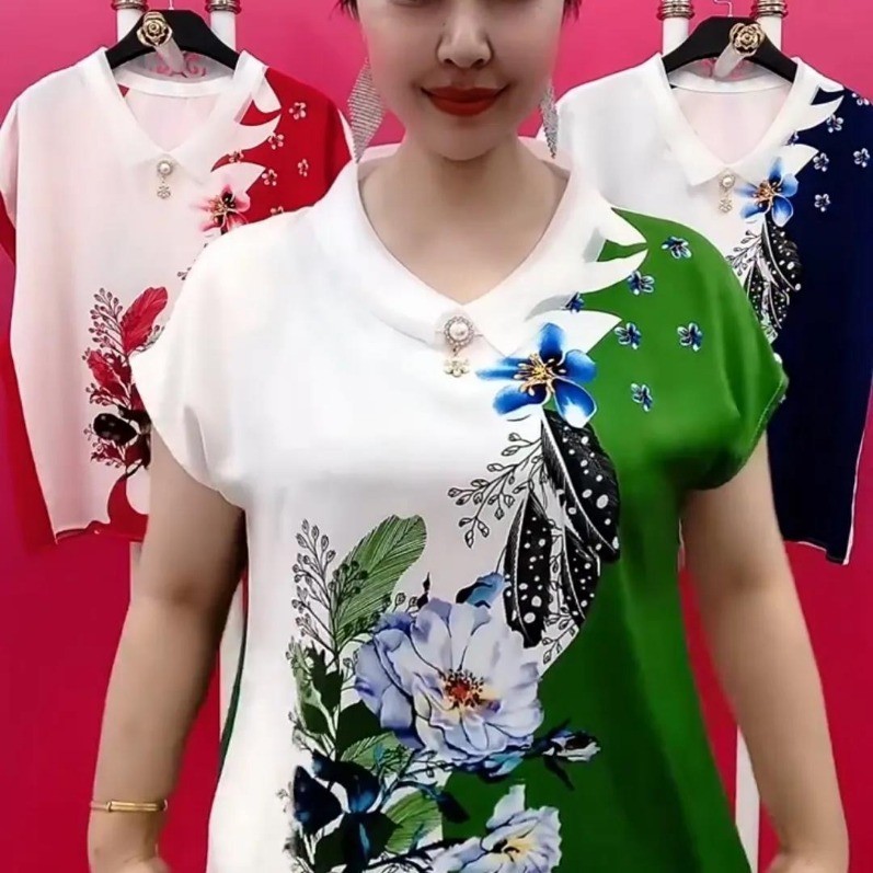 Blusa Dobrável Sobre Colarinho Para Mulheres Camiseta De Manga Curta Estampada Pequena Jovem E Com Estilo Loose Top