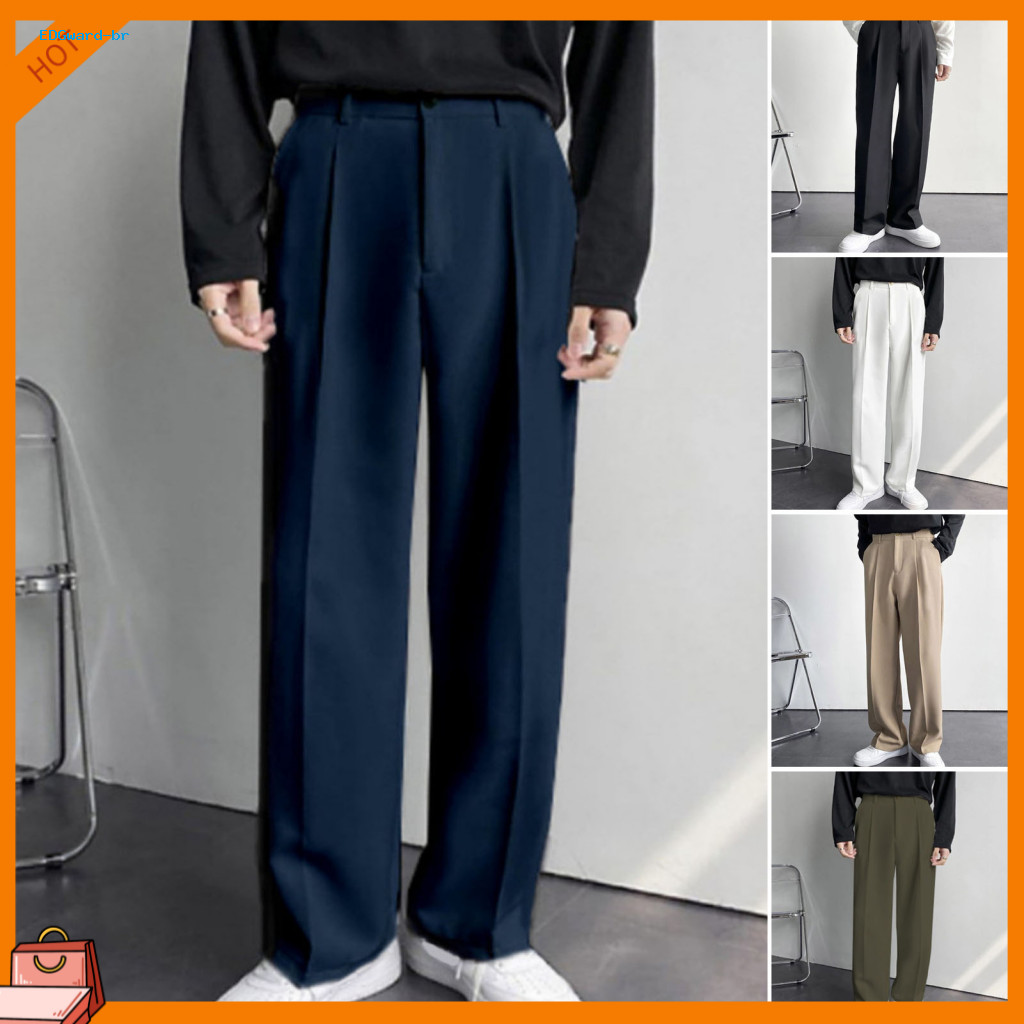 Versatile Men Chinos Casual Trousers Men's High Waist Suit Pants with Button Zipper Fly Straight Wide Leg Solid Color Lo