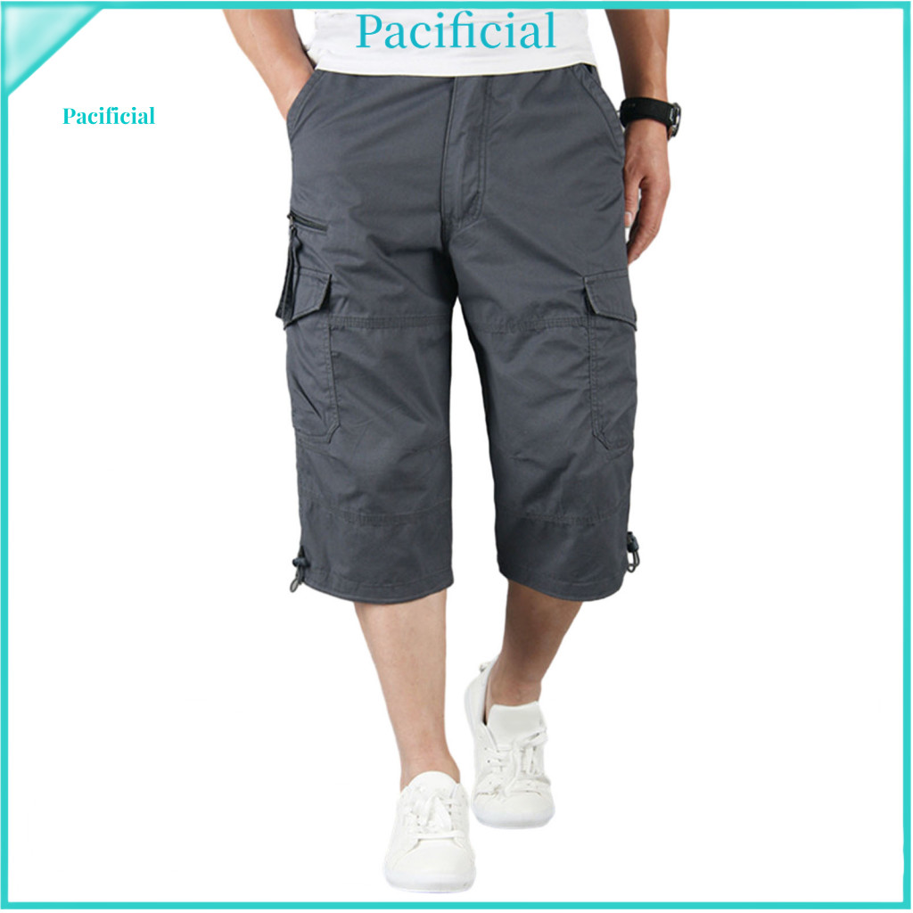 Lightweight Men Pants Versatile Men's Loose Fit Cargo Jogger with Drawstring Hem Zipper Pockets Calf-length Casual Sport