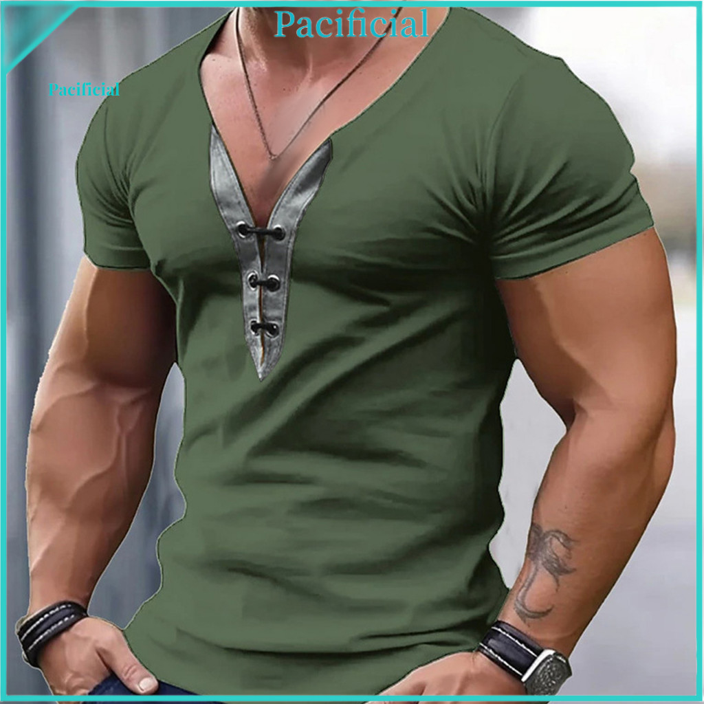 Solid Color V-neck Top Slim-fit Versatile Men's Summer Slim Fit T-shirt Soft Breathable Short Sleeve Pullover Casual Lac