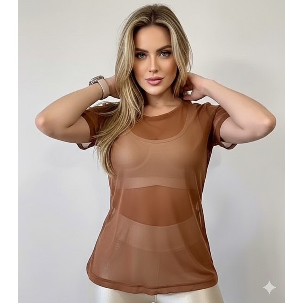 Blusa feminina tecido tule elastano estica manga curta too