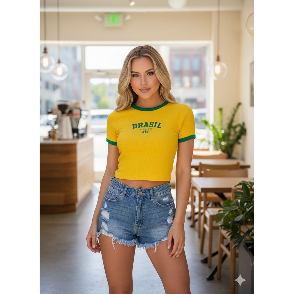 blusa cropped feminino torcer para o Brasil manga curta too