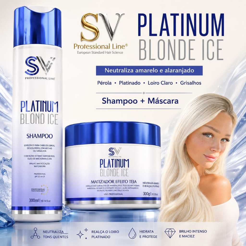 Kit Matizador Platinum Blond Ice SV Professional | Shampoo AZUL + Tratamento Desamarelador Loiro Platinado