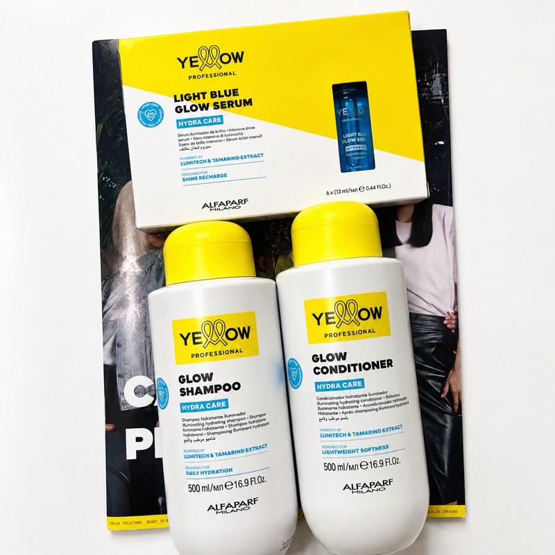 Kit Yellow Professional Hydra Care Glow – Shampoo 500ml + Condicionador 500ml + 6 Ampolas Light Blue Glow Serum