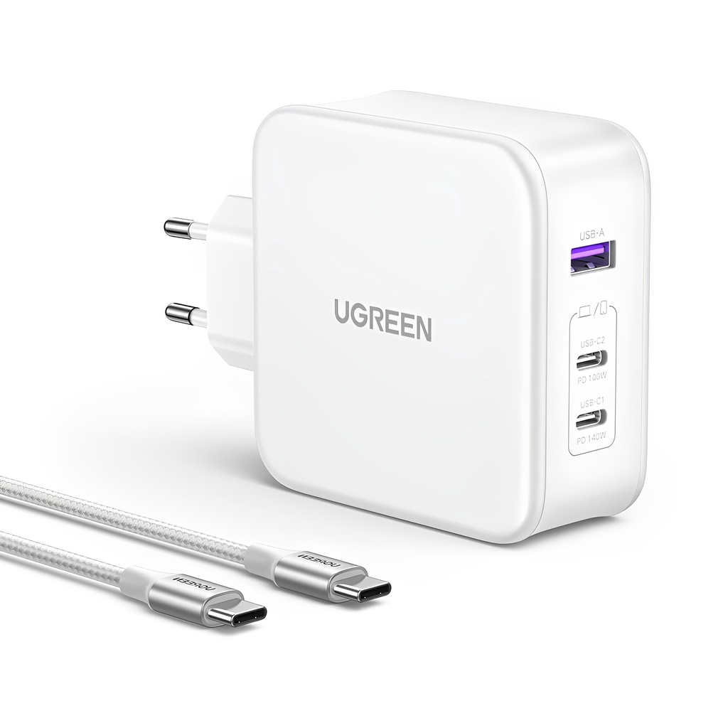 Carregador Ugreen Usb A/C 140W GaN Tech+Cabo Usb C 2M Branco