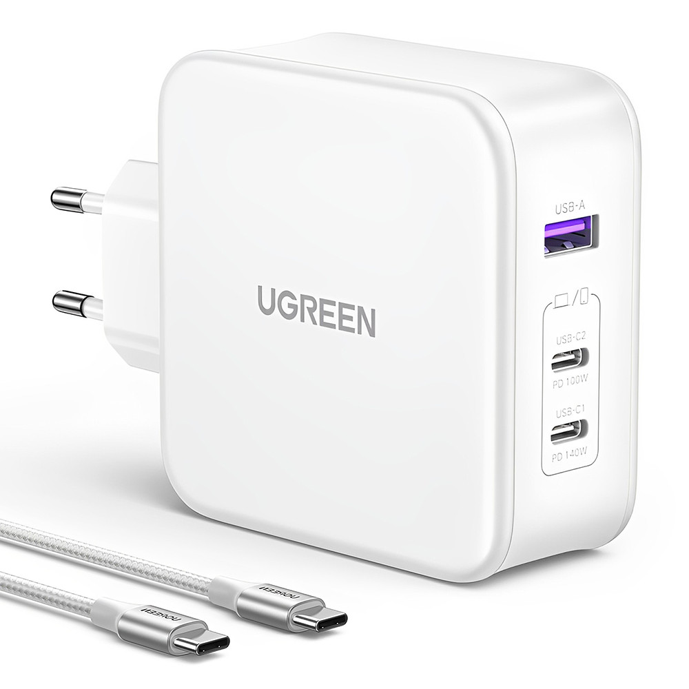 Carregador Ugreen Usb A/C 140W GaN Tech+Cabo Usb C 2M Branco
