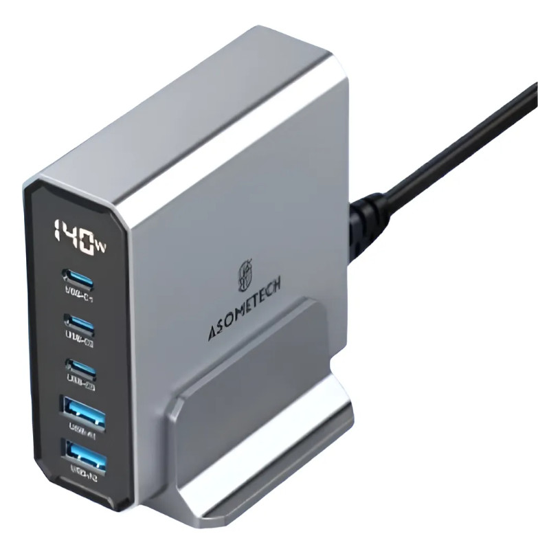 Estação De Carga Asometech 140w 5 Portas Gan Charger C/usb