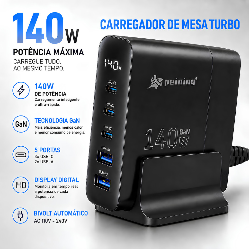Carregador De Mesa Turbo GaN Power Delivery 140W Original Peining 5 Portas 3 USB-C 2 USB-A Bivolt