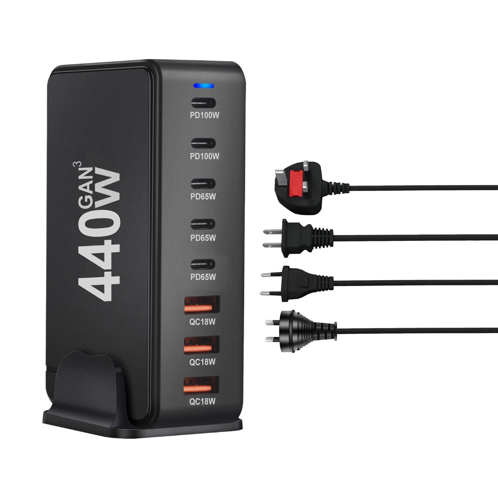 Estação De Carregamento De Mesa 440W GaN 140W Max 8 Portas Desktop Rápido 5USB-C + 3USB-A PD QC , Porta Tipo Única De 10