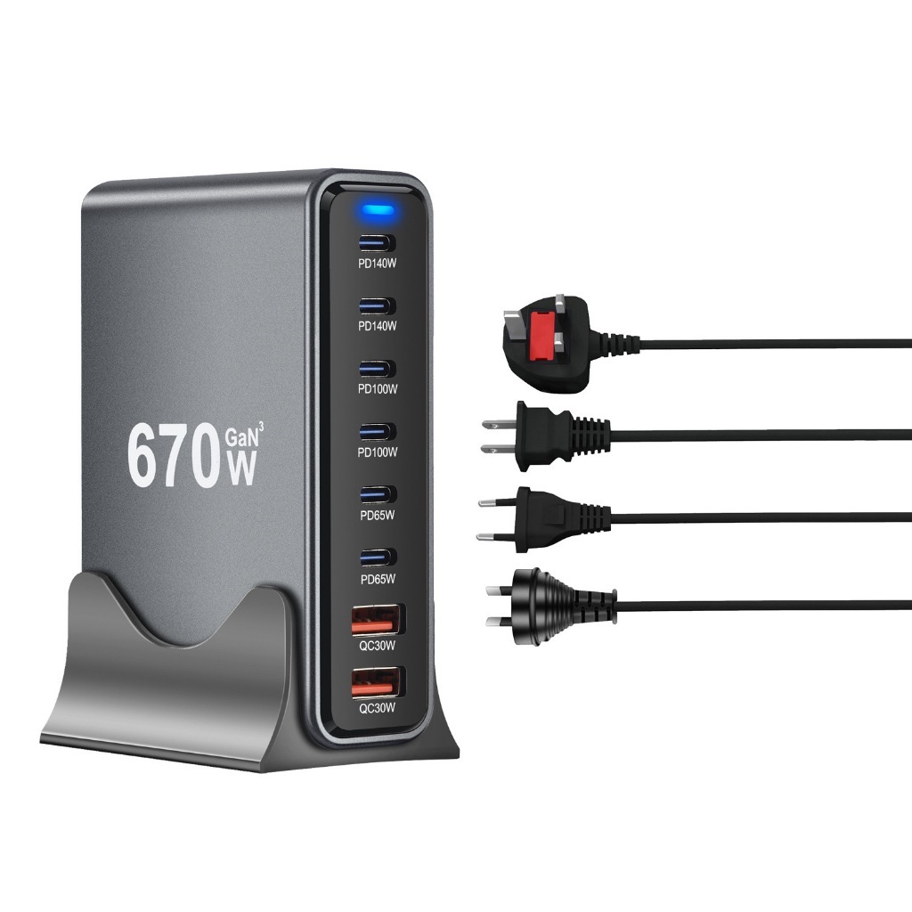Estação De Carregamento GaN 670W 140W max 6C2A PD USB-C De Mesa De Múltiplas Portas Rápido Para Laptop Smartphone Tablet