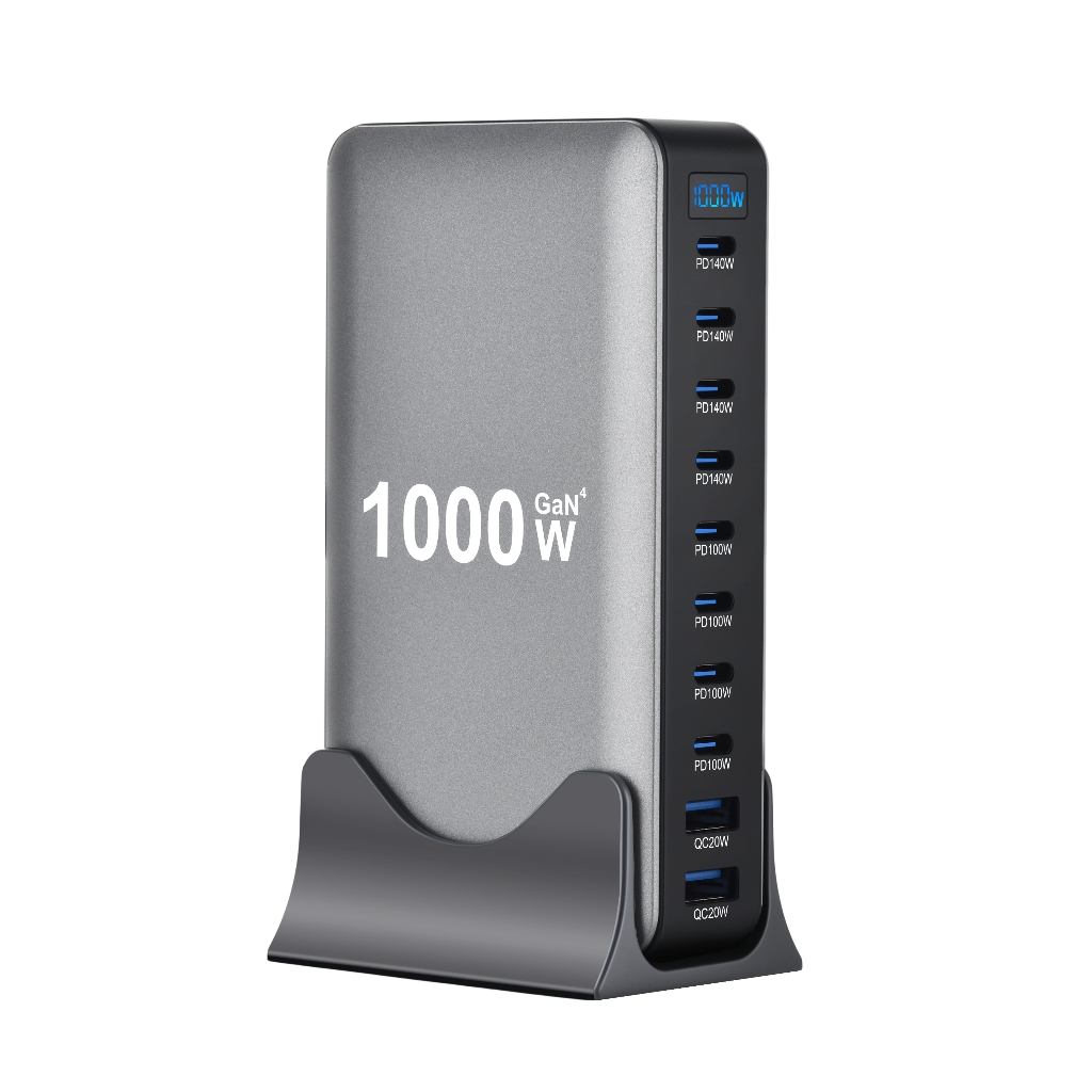 Estação De Carregamento GaN 1000W 140W Max Rápido Multiportas De 10 Portas 8USB ‐ C + 2USB A PD QC Mesa Com Suporte LED