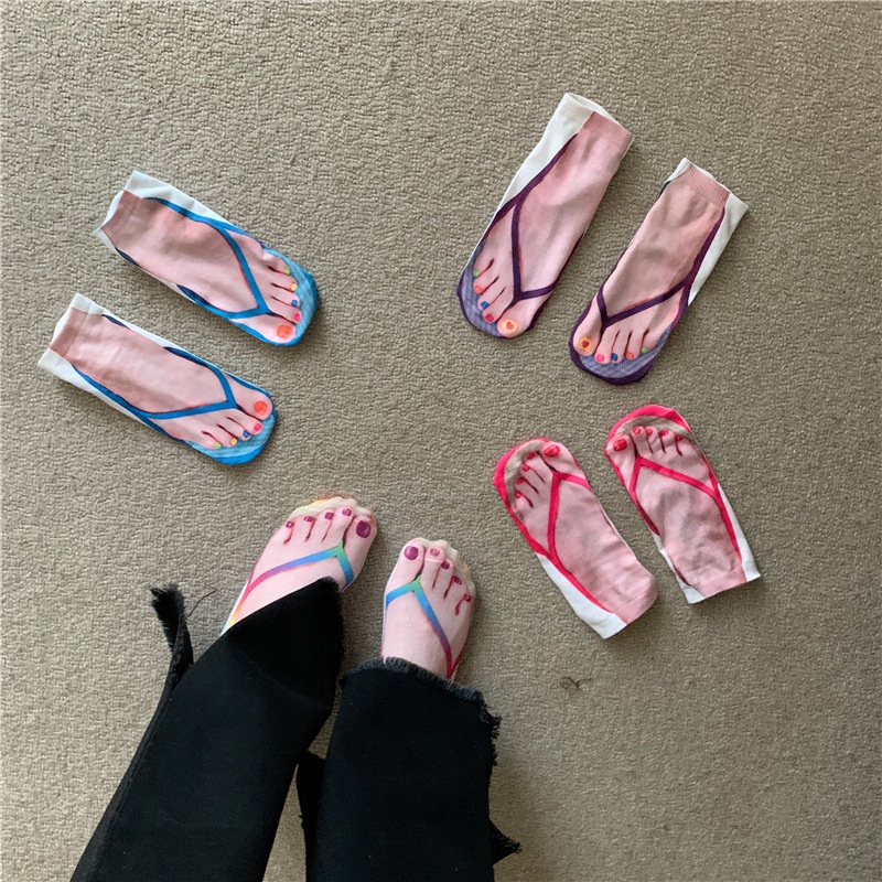1 Par Meias De Tornozelo Engraçadas Mulheres Flip Flops 3D Estampas Barco Personalidade Primavera Verão Finas Respir