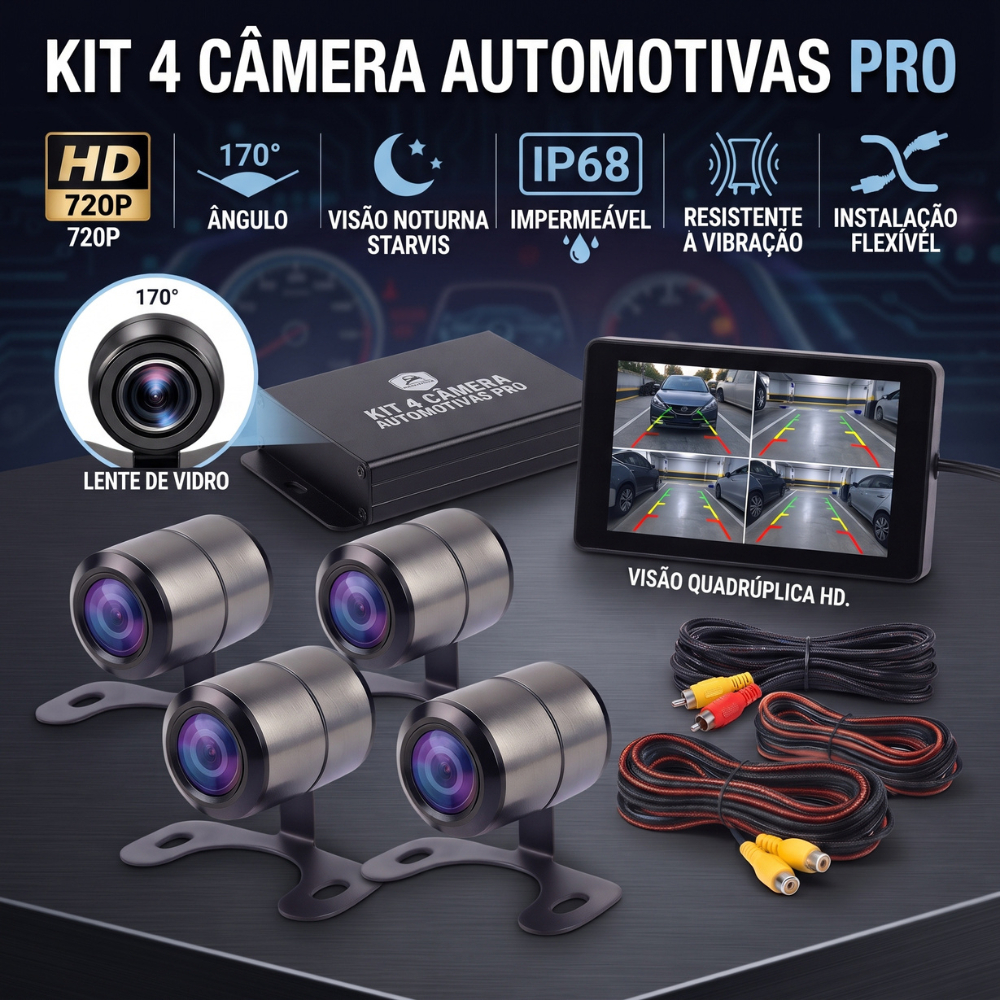 Kit 4 Câmeras de Ré Automotivas HD 720P 170° Visão Noturna IP67 RCA para Carro, Ré ou Frontal, Estacionamento e Manobras
