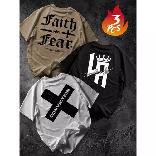 Kit 3 peças Camiseta Masculina Algodão Premium Adulto Plus Size Infantil Streetwear X Conviction LA Faith Moda Estilo