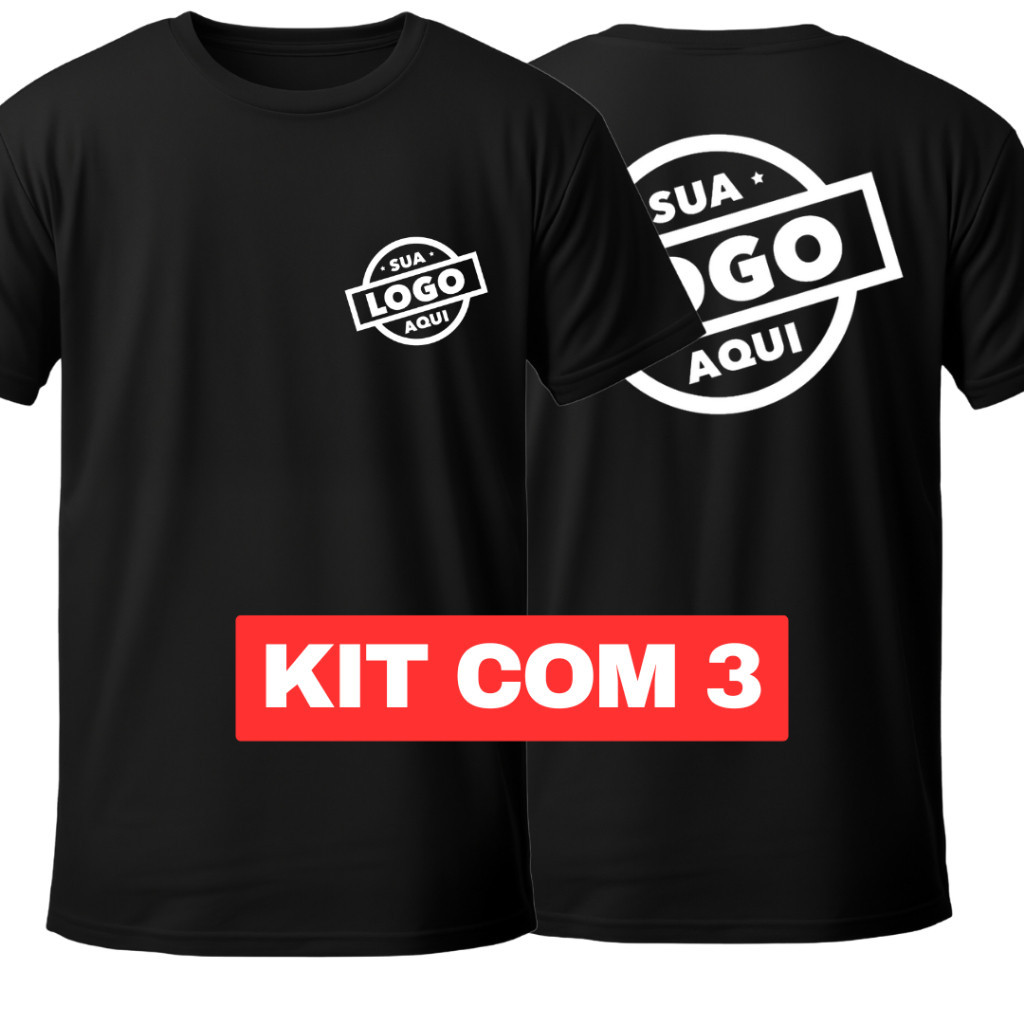 Kit 3 Camisetas Personalizadas Pretas Logo Marca Empresa Uniforme Estampa DTF Envio Algodão
