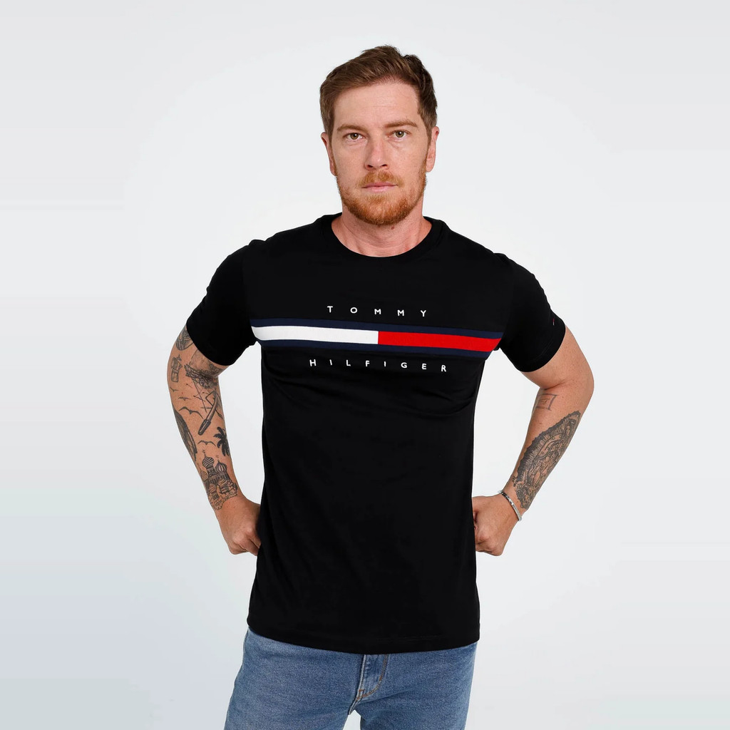 Camiseta Tommy Hilfiger Logo Faixa Tricolor Original