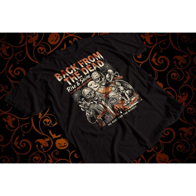Camiseta Preta De Manga Curta Estampa Back From The Dead Caveira Zumbi Terror Gótico Retro Para Festa De Halloween Uso C