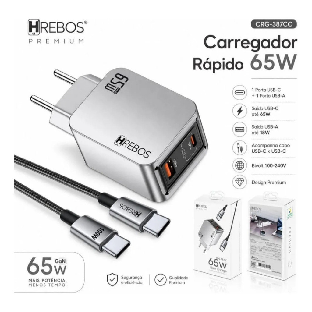 Carregador Rápido 65w com Cabo USB-C Tablet Compatível Android e iOS, Notebook