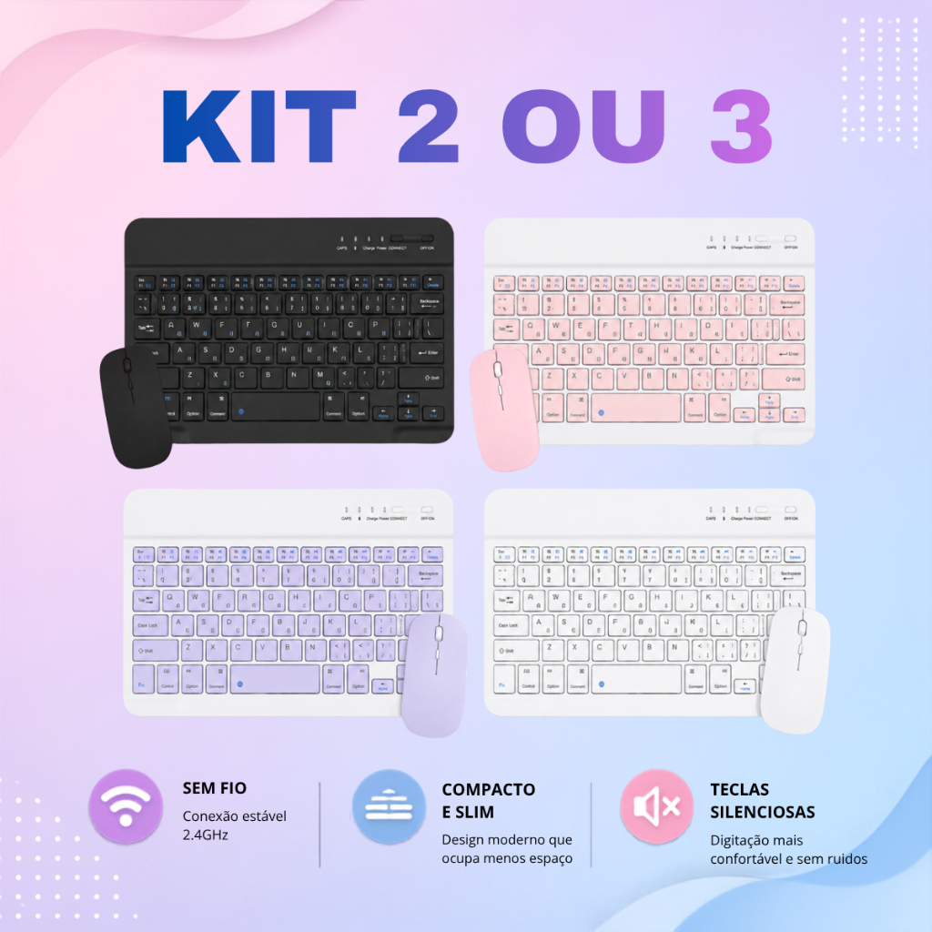 Kit 2/3 Teclado Mouse Pilha Wireless Bluetooth Portátil Para Tablet Celular iPad Notebook Android iOS