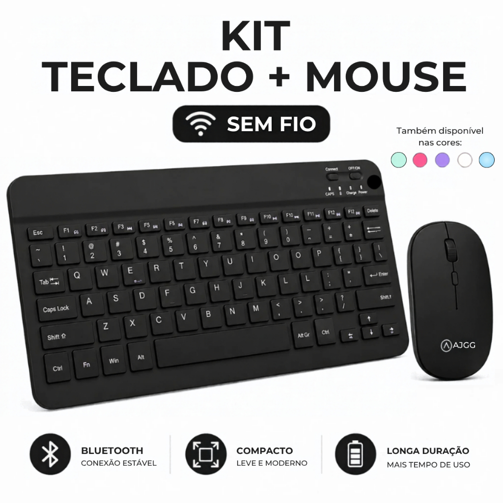 Kit Teclado e Mouse Bluetooth Sem Fio Recarregável Para Tablet Notebook Celular Android iOS