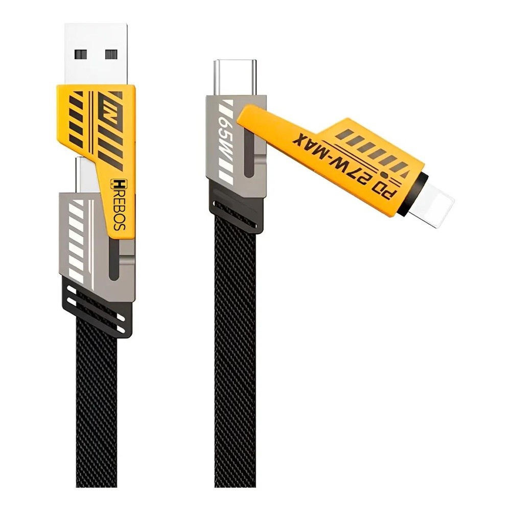 CABO 4 EM 1 REFORÇADO 65W TURBO LIGHTNING TIPO-C USB-A COMPATÍVEL COM IPHONE ANDROID TABLET NOTEBOOK 1 METRO