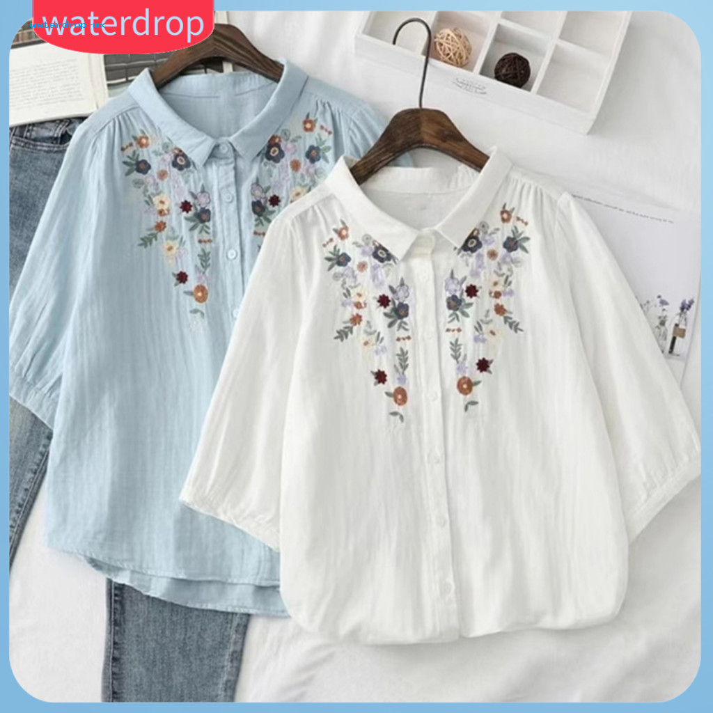 Women’s Casual Office Shirt Lapel Collar 3/4 Sleeve Flower Embroidery Print Single Breasted Loose Fit Top for Street W