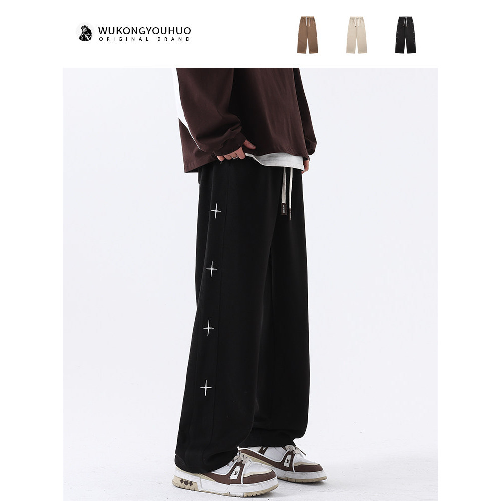 Goku Ready Stock American Street Wear Bordado Reto Perna Larga Calça Casual Masculina Retro Street Loose Drape All-