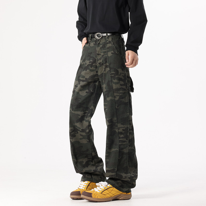 American High Street Straight Loose Jeans Masculino Corte Diagonal Camuflagem Registro Casual Calças Compridas