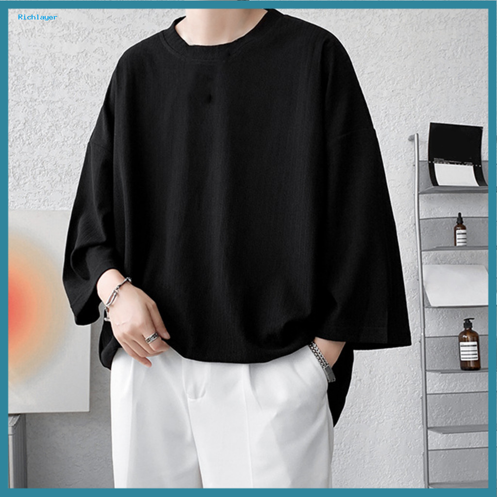 Men Street Style T-shirt Casual and Fashionable Men's Round Neck 3/4 Sleeve Loose Fit Solid Color Tee Perfect for Street