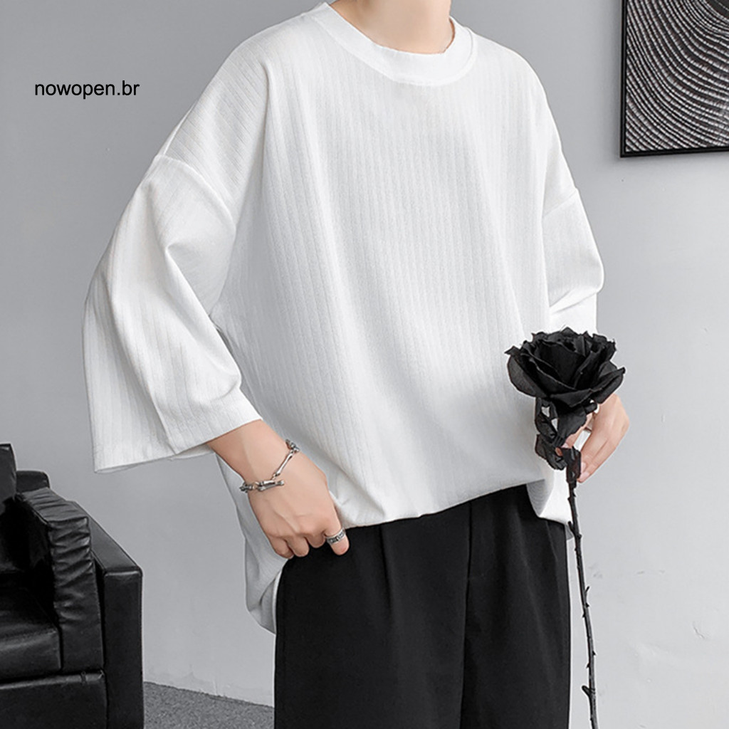 Casual and Fashionable Men T-shirt Street Style Men's Round Neck 3/4 Sleeve Loose Fit Solid Color Tee Perfect for Street