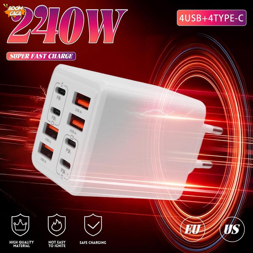 240W 8 Em 1 GaN Carregador Rápido Portátil Eua/Ue Plug 4USB-A + C PD3.0 QC3.0 Bloco De Carregamento Para Telefone Fones