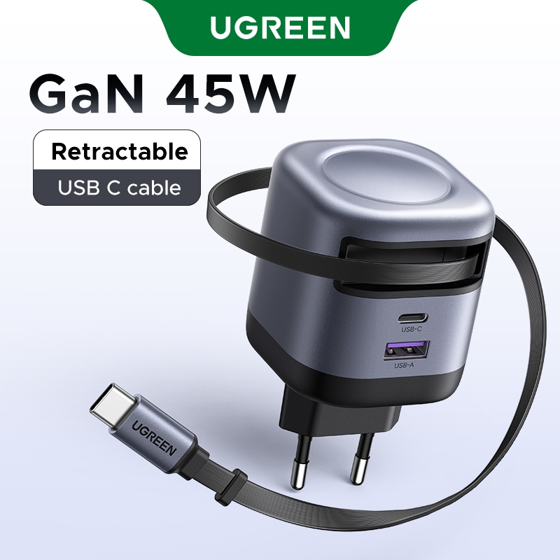 Carregador UGREEN Nexode 45W GaN Com Cabo USB C Retrátil De 75 Cm Carregamento Rápido 3 Portas Suporte PD3.0 , PPS.QC3.0