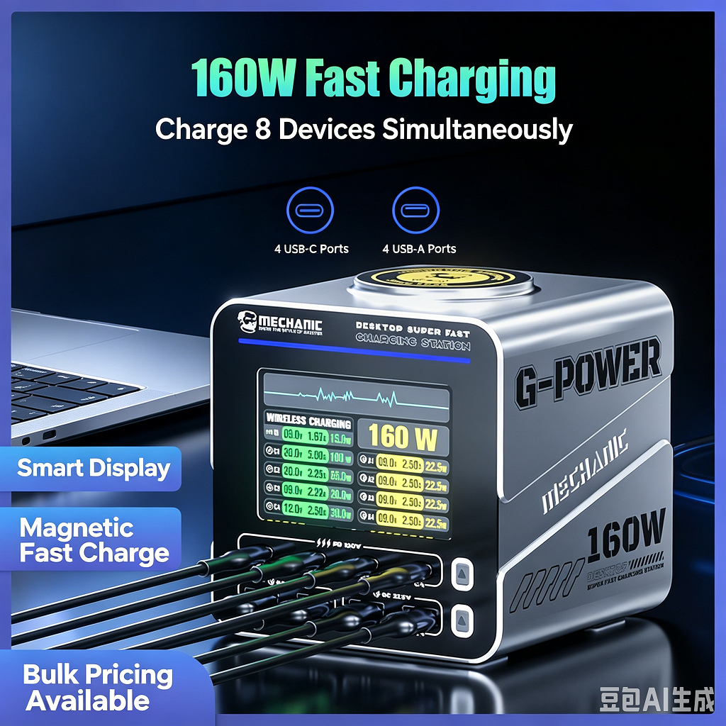 Estação De Carregamento De Mesa 160W GaN 9 Portas Multi USB PD3.1 Carregador Rápido Com Display Digital Magnético Sem Fi