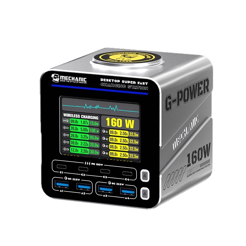 Estação De Carregamento De Mesa GaN De 160 W 8 Portas PD3.1 100 USB-C Carregador Rápido Com Display Inteligente E Magnét
