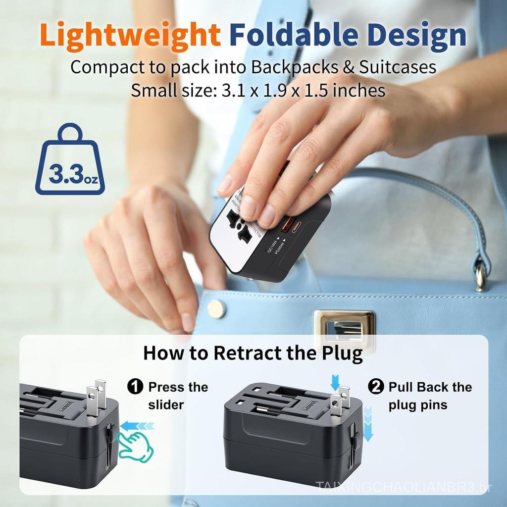 Adaptador de Viagem com Carregamento Rápido, Adaptador Universal GaN para Viagens com PD3.0 Tipo C e USB-A, Carregador d